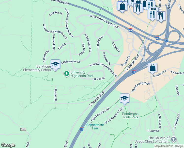 map of restaurants, bars, coffee shops, grocery stores, and more near 1121 Ardrey Circle in Flagstaff
