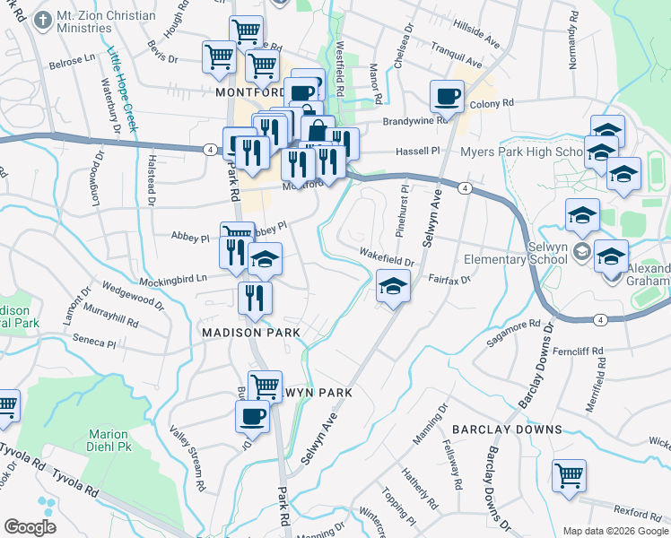 map of restaurants, bars, coffee shops, grocery stores, and more near 4607 Hedgemore Drive in Charlotte