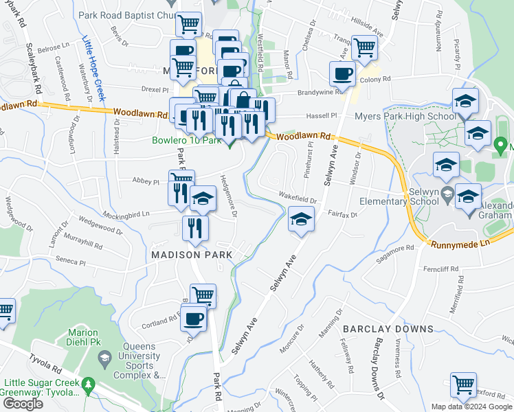 map of restaurants, bars, coffee shops, grocery stores, and more near 4607 Hedgemore Drive in Charlotte
