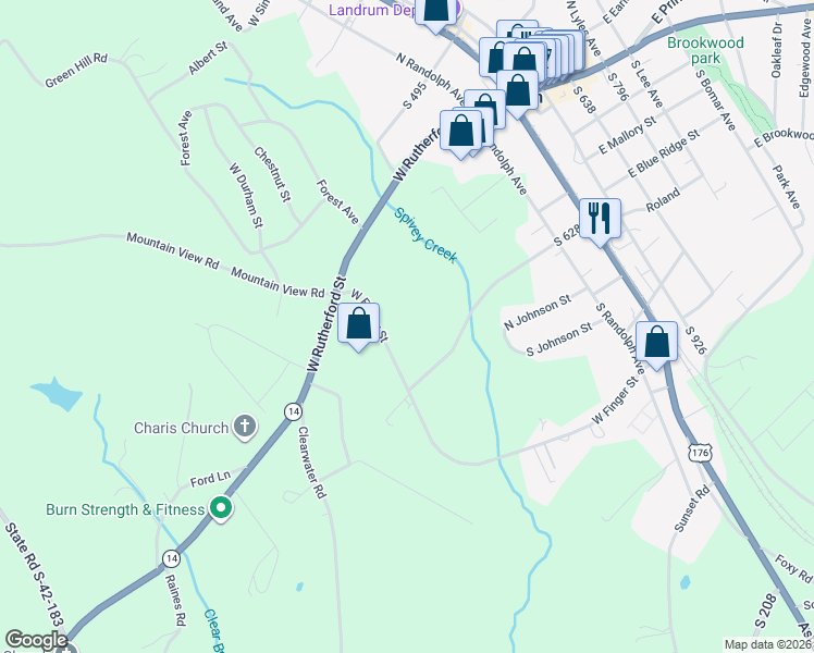 map of restaurants, bars, coffee shops, grocery stores, and more near 632 West Finger Street in Landrum