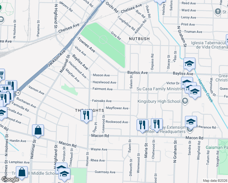 map of restaurants, bars, coffee shops, grocery stores, and more near 3741 Fairmont Avenue in Memphis
