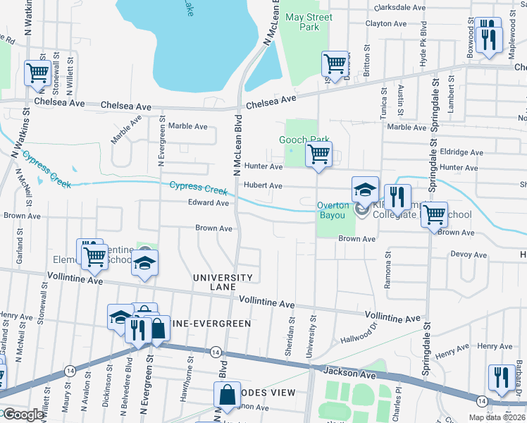 map of restaurants, bars, coffee shops, grocery stores, and more near 1900 Edward Avenue in Memphis