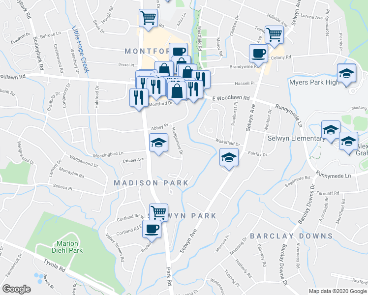 map of restaurants, bars, coffee shops, grocery stores, and more near 4615 Hedgemore Drive in Charlotte