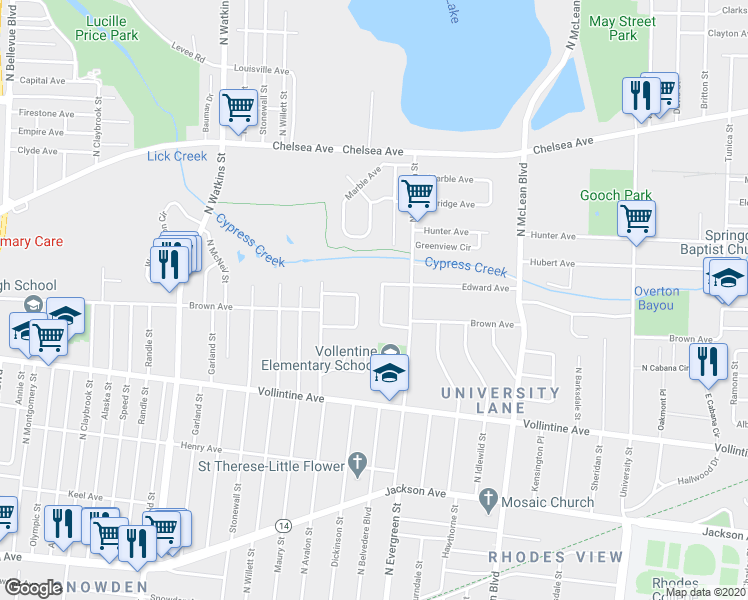 map of restaurants, bars, coffee shops, grocery stores, and more near 1075 North Belvedere Boulevard in Memphis