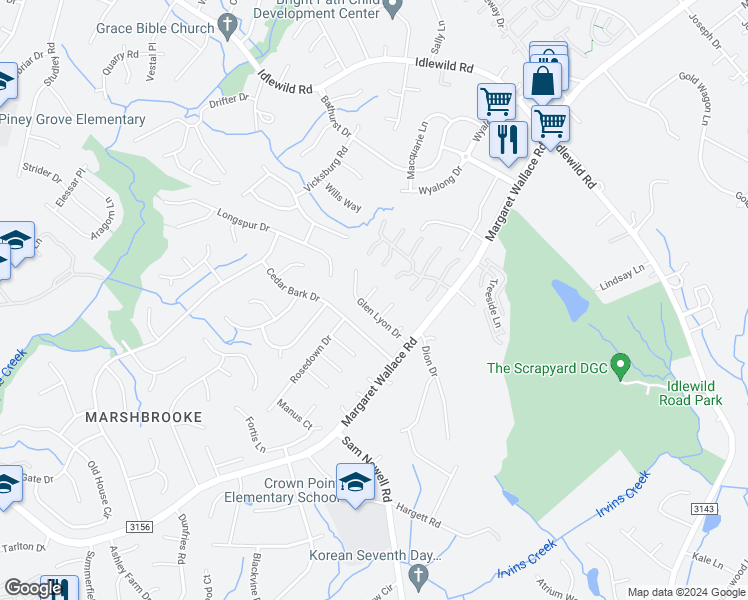 map of restaurants, bars, coffee shops, grocery stores, and more near 3906 Windsorwood Court in Matthews