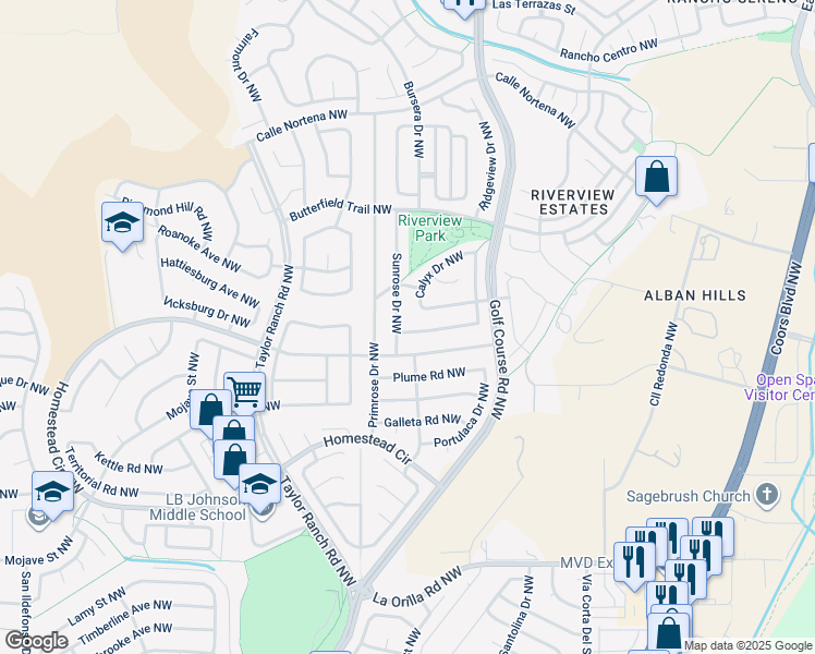 map of restaurants, bars, coffee shops, grocery stores, and more near 4621 Lobelia Road Northwest in Albuquerque
