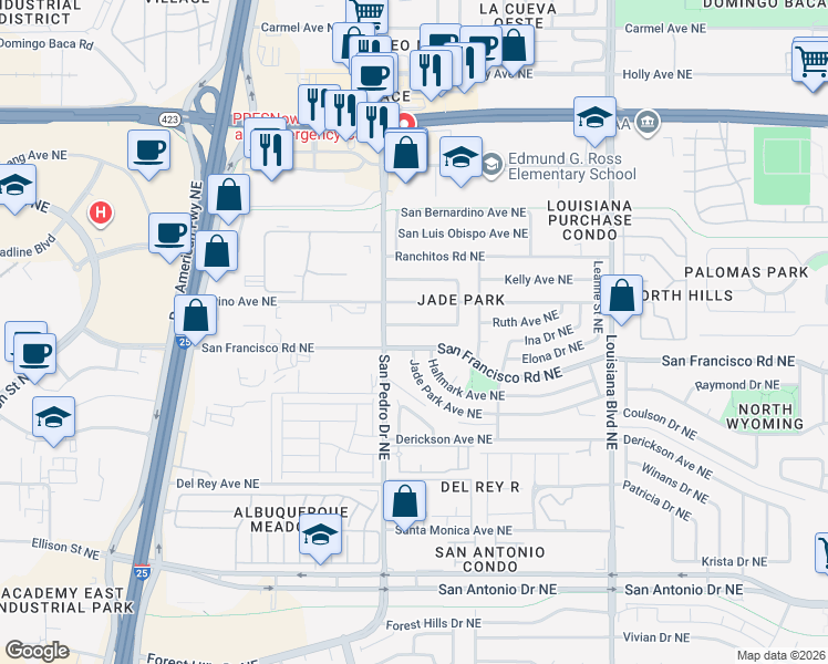map of restaurants, bars, coffee shops, grocery stores, and more near 6516 Ruth Avenue Northeast in Albuquerque