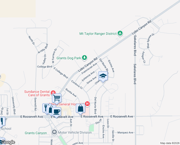 map of restaurants, bars, coffee shops, grocery stores, and more near 1409 Estancia Avenue in Grants