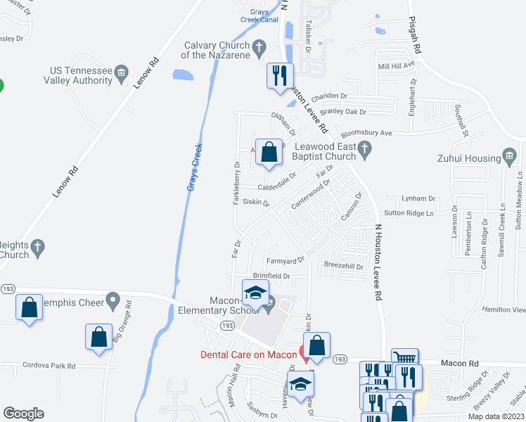 map of restaurants, bars, coffee shops, grocery stores, and more near 1539 Far Drive in Shelby County