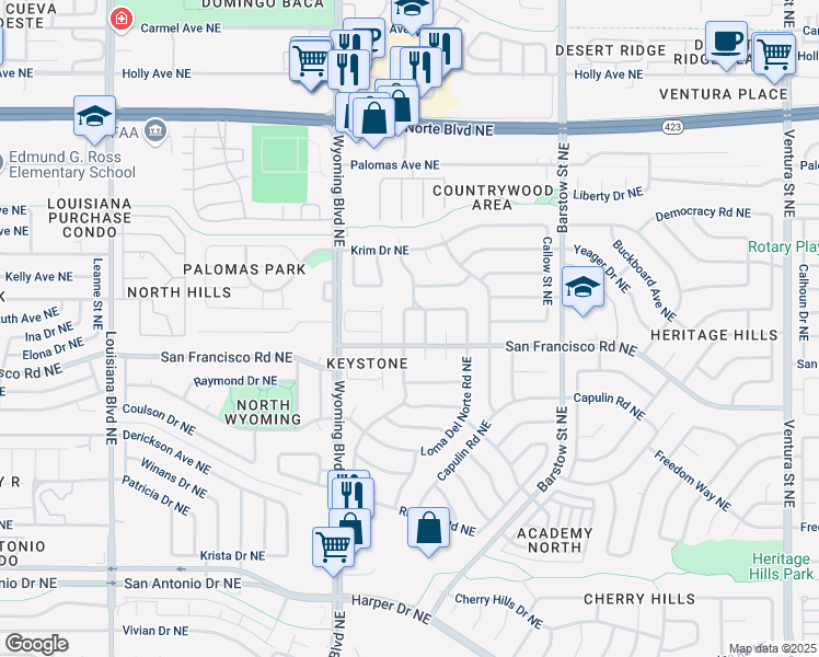 map of restaurants, bars, coffee shops, grocery stores, and more near 7608 Union Street Northeast in Albuquerque