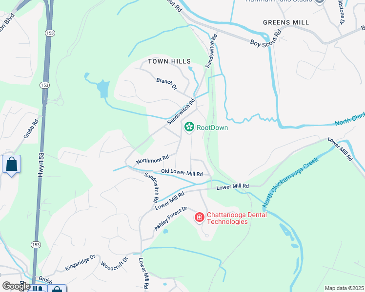 map of restaurants, bars, coffee shops, grocery stores, and more near 6618 Hillbrook Lane in Chattanooga