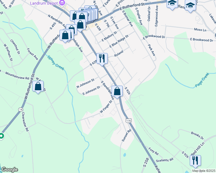 map of restaurants, bars, coffee shops, grocery stores, and more near 411 South Randolph Avenue in Landrum
