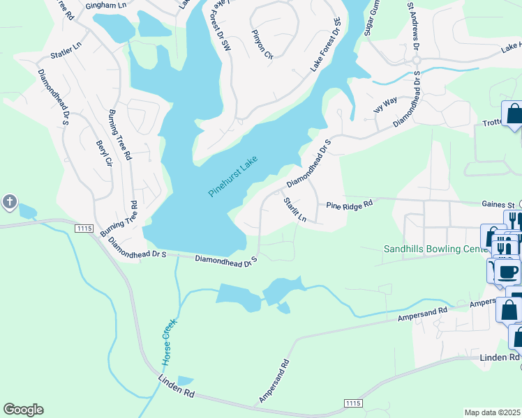 map of restaurants, bars, coffee shops, grocery stores, and more near 2 Hall Court in Pinehurst