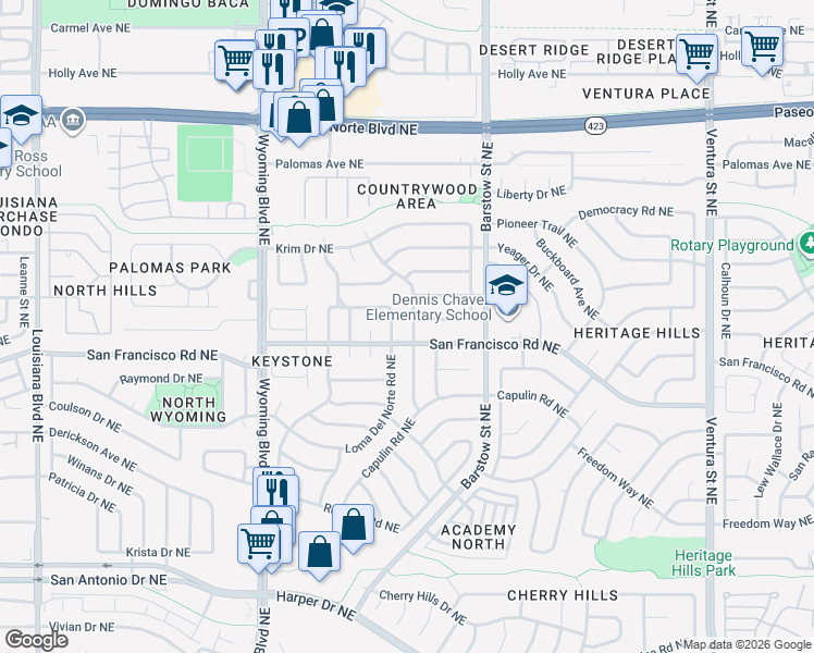 map of restaurants, bars, coffee shops, grocery stores, and more near 7609 Jemez Street Northeast in Albuquerque