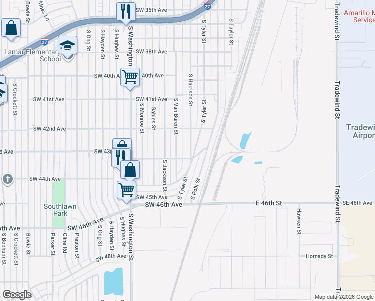 map of restaurants, bars, coffee shops, grocery stores, and more near 4220 South Harrison Street in Amarillo