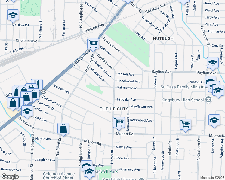 map of restaurants, bars, coffee shops, grocery stores, and more near 1311 Homer Street in Memphis