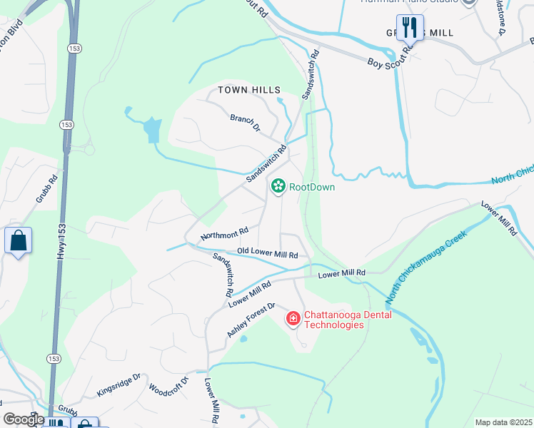 map of restaurants, bars, coffee shops, grocery stores, and more near 6618 Hillbrook Lane in Chattanooga