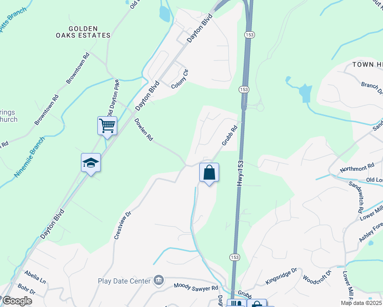 map of restaurants, bars, coffee shops, grocery stores, and more near 6202 Pine Marr Lane in Chattanooga