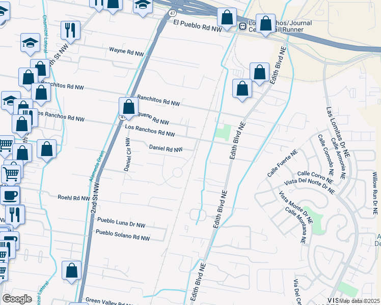 map of restaurants, bars, coffee shops, grocery stores, and more near 102 Daniel Road Northwest in Albuquerque