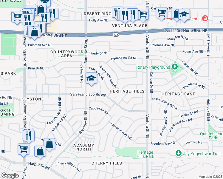 map of restaurants, bars, coffee shops, grocery stores, and more near 8538 Yeager Drive Northeast in Albuquerque