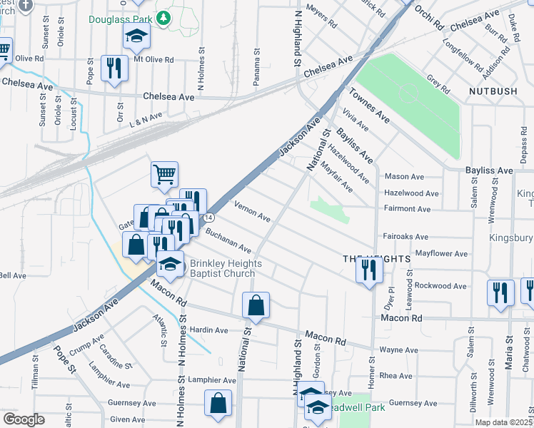 map of restaurants, bars, coffee shops, grocery stores, and more near 3436 Vernon Avenue in Memphis