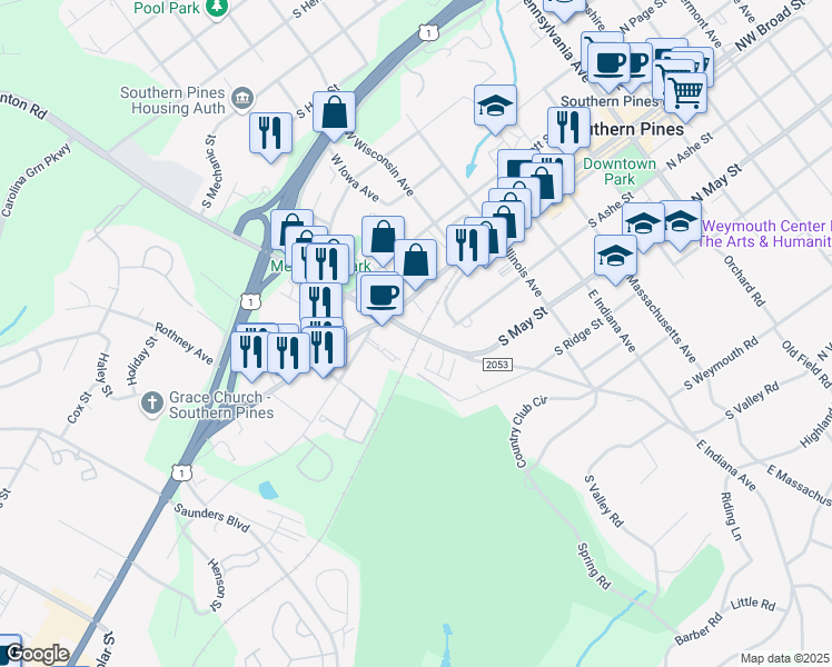 map of restaurants, bars, coffee shops, grocery stores, and more near 15 West Morganton Road in Southern Pines