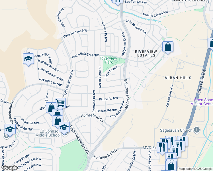 map of restaurants, bars, coffee shops, grocery stores, and more near 4621 Lobelia Road Northwest in Albuquerque