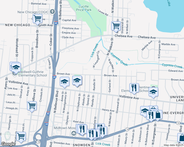 map of restaurants, bars, coffee shops, grocery stores, and more near 1350 Brown Avenue in Memphis