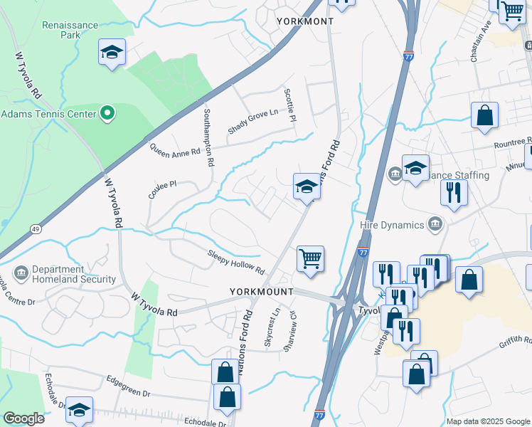 map of restaurants, bars, coffee shops, grocery stores, and more near 5406 Franklin Springs Circle in Charlotte