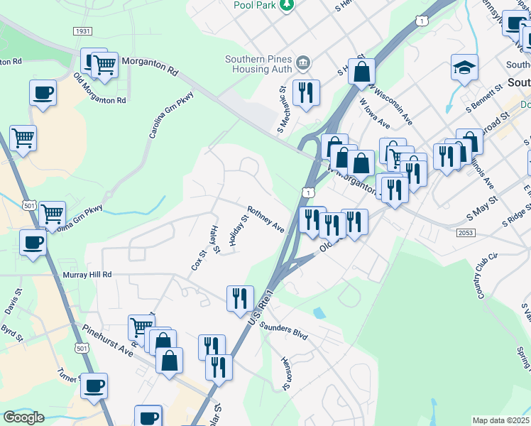 map of restaurants, bars, coffee shops, grocery stores, and more near 415 Rothney Avenue in Southern Pines