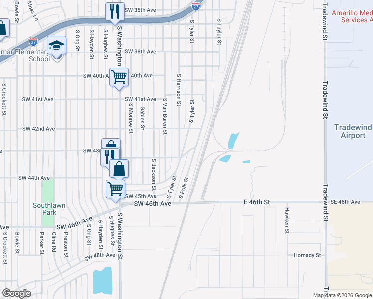 map of restaurants, bars, coffee shops, grocery stores, and more near 101 Southwest 43rd Avenue in Amarillo