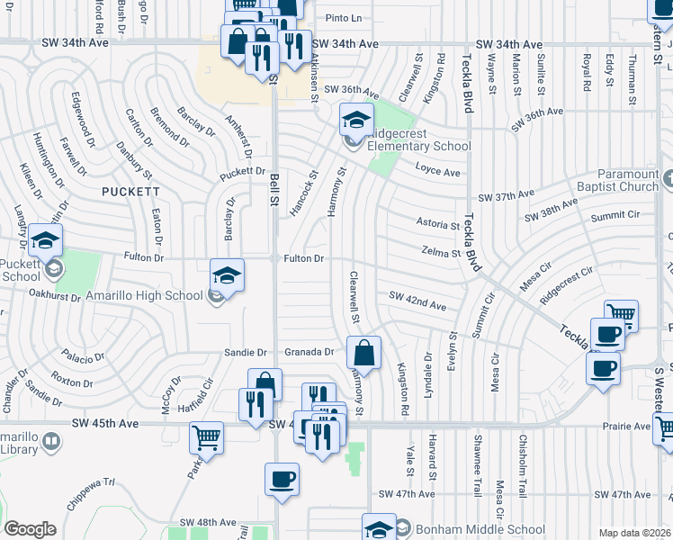 map of restaurants, bars, coffee shops, grocery stores, and more near 3805 Harmony Street in Amarillo
