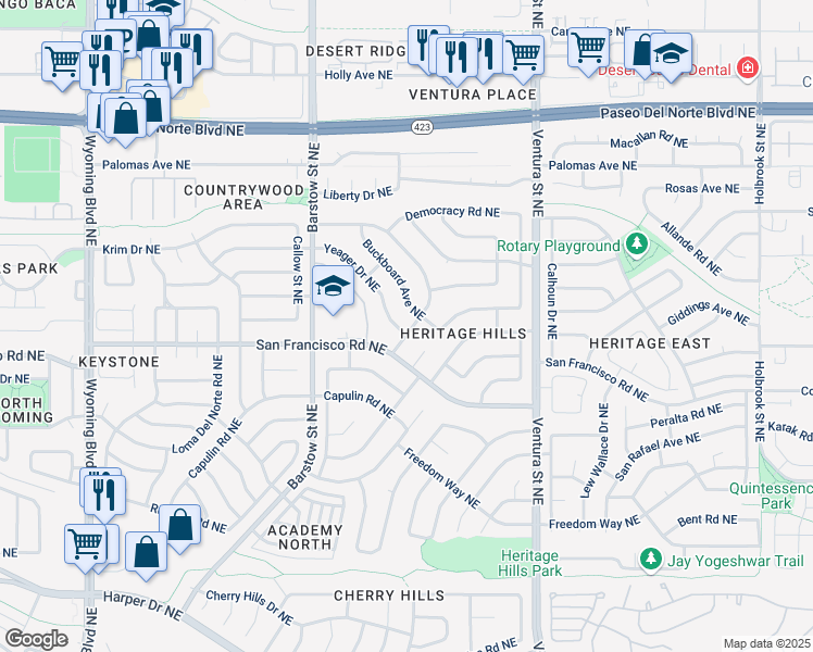 map of restaurants, bars, coffee shops, grocery stores, and more near 8538 Yeager Drive Northeast in Albuquerque