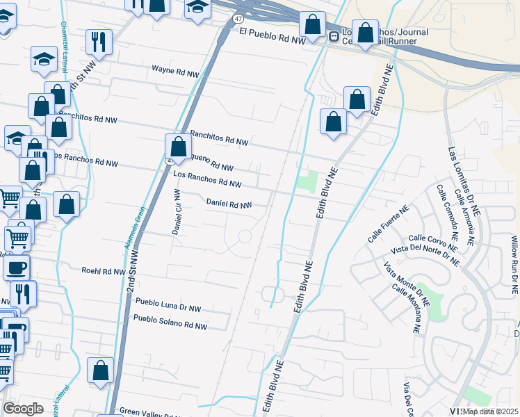map of restaurants, bars, coffee shops, grocery stores, and more near 102 Daniel Road Northwest in Albuquerque