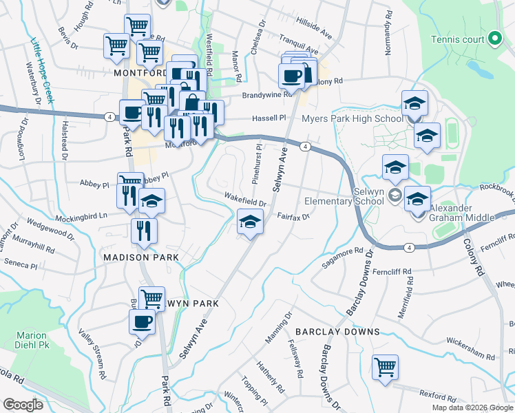 map of restaurants, bars, coffee shops, grocery stores, and more near 3300 Selwyn Avenue in Charlotte
