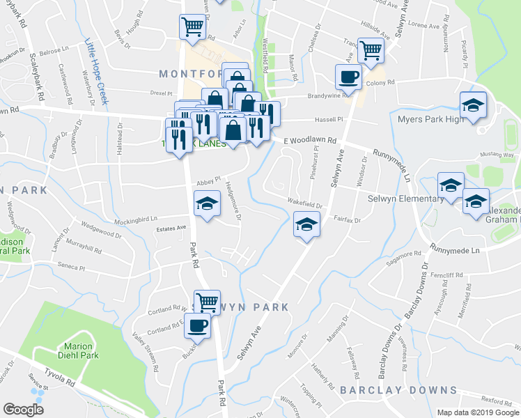 map of restaurants, bars, coffee shops, grocery stores, and more near 4615 Hedgemore Drive in Charlotte