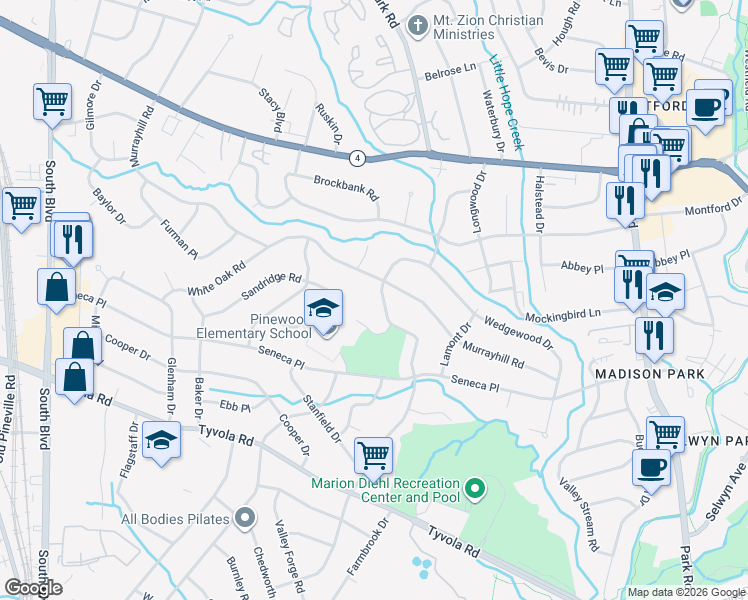 map of restaurants, bars, coffee shops, grocery stores, and more near 5421 Wedgewood Drive in Charlotte