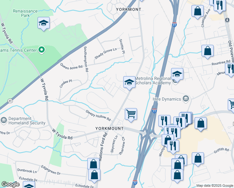 map of restaurants, bars, coffee shops, grocery stores, and more near 5914 Nations Ford Road in Charlotte