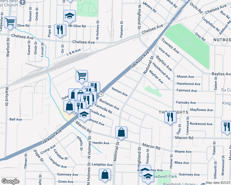 map of restaurants, bars, coffee shops, grocery stores, and more near 3393 Vernon Avenue in Memphis