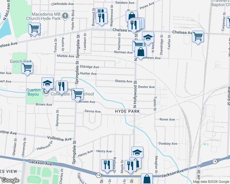 map of restaurants, bars, coffee shops, grocery stores, and more near 2348 Vandale Avenue in Memphis
