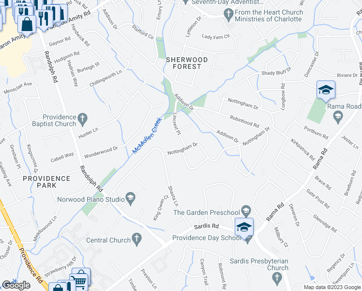 map of restaurants, bars, coffee shops, grocery stores, and more near 343 Nottingham Drive in Charlotte