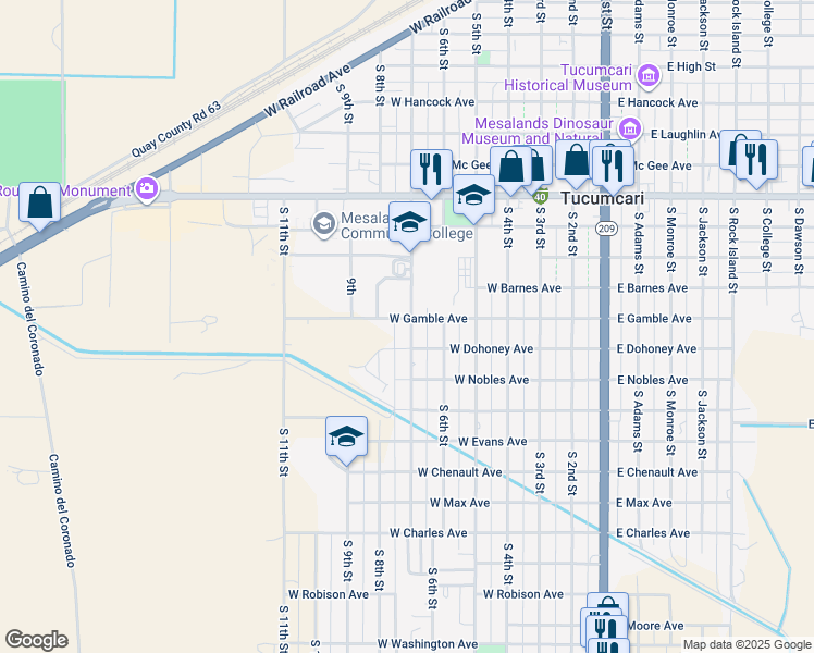 map of restaurants, bars, coffee shops, grocery stores, and more near 1223 South 7th Street in Tucumcari