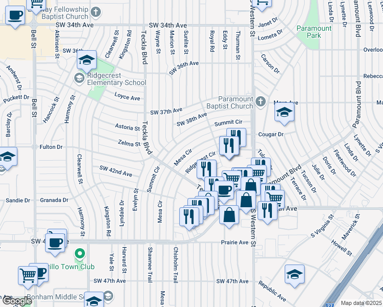 map of restaurants, bars, coffee shops, grocery stores, and more near 4319 Mesa Circle in Amarillo