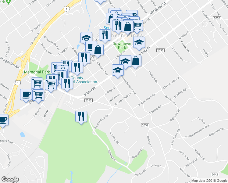 map of restaurants, bars, coffee shops, grocery stores, and more near 425 South Ridge Street in Southern Pines