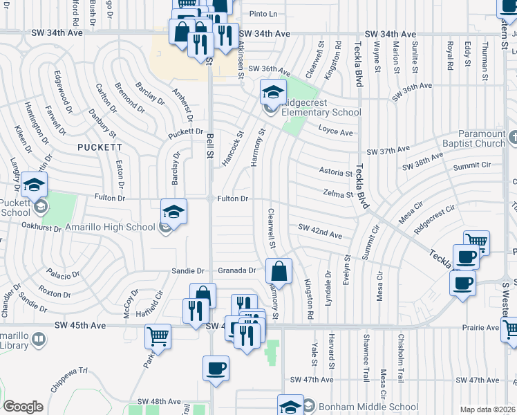 map of restaurants, bars, coffee shops, grocery stores, and more near 3805 Harmony Street in Amarillo