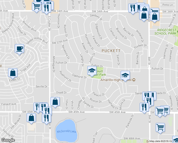 map of restaurants, bars, coffee shops, grocery stores, and more near 6700 Oakhurst Drive in Amarillo