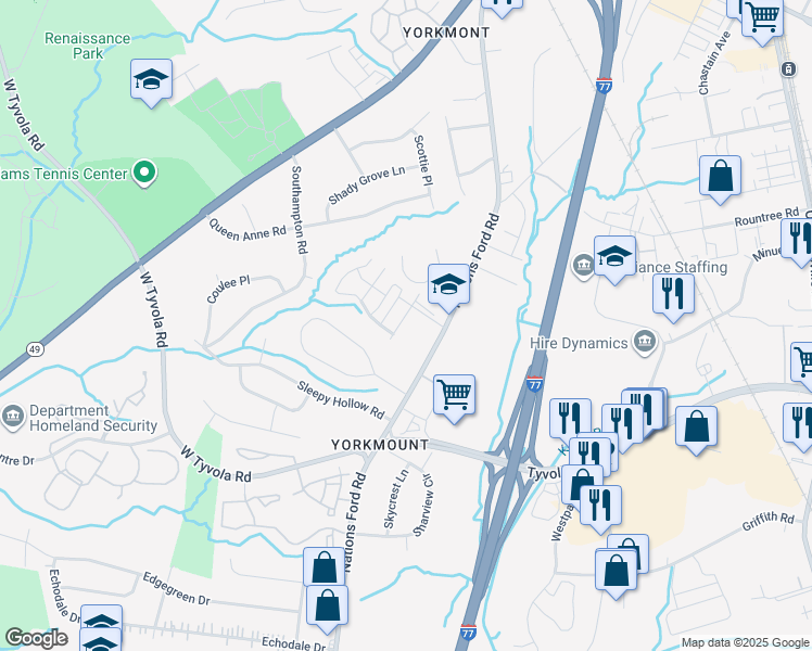 map of restaurants, bars, coffee shops, grocery stores, and more near 5914 Nations Ford Road in Charlotte