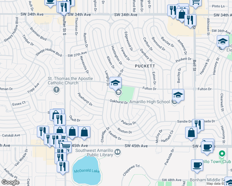map of restaurants, bars, coffee shops, grocery stores, and more near 6700 Oakhurst Drive in Amarillo