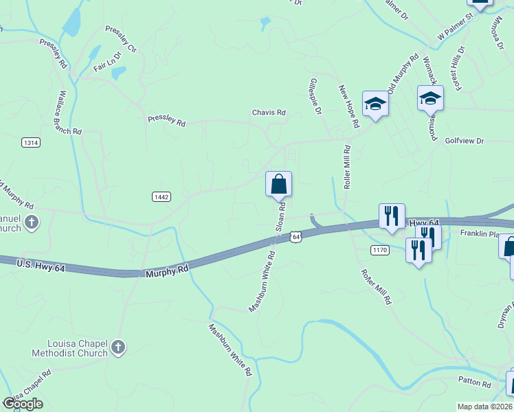 map of restaurants, bars, coffee shops, grocery stores, and more near 84 Junior Pruitt Road in Franklin