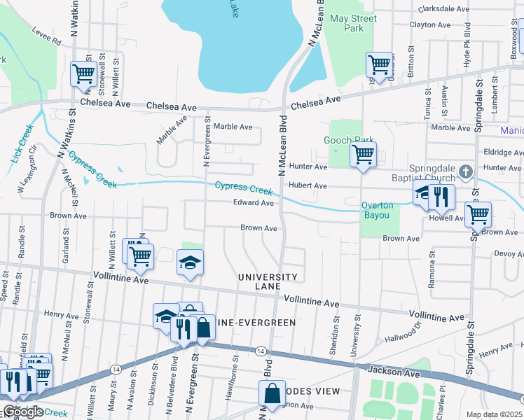 map of restaurants, bars, coffee shops, grocery stores, and more near 1817 Edward Avenue in Memphis
